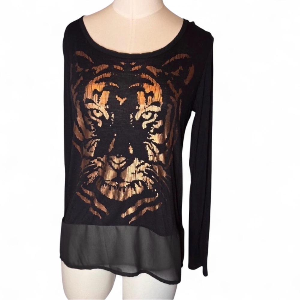 Fifth Sun Black & Gold Tiger Graphic Long Sleeve Top with Lace Bottom Accent XS